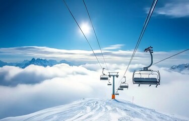 Ski lift on a snow-covered mountain with blue sky and clouds in the Alps. AI generated illustration