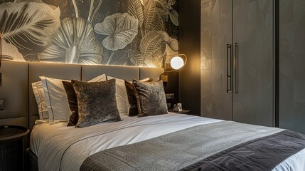 Modern bedroom with a wall mural of botanical leaves in olive green and gray