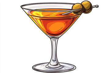 vibrant illustration of classic cocktail served in stylish glass with garnish of olives, perfect for any celebration or gathering
