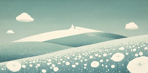A flat grassy field illustration, pastel green and blue tones, white fluffy clouds scattered in the sky, inspired by a children's book style.