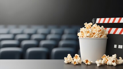 Popcorn bucket, clapperboard, and film reel displayed on a theater seat, cinematic theme, 3D rendering