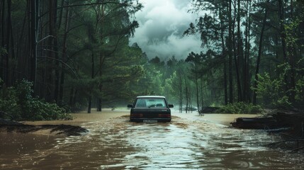 Car trapped in floodwaters on forest road amid severe rain, highlighting natural disasters  effects