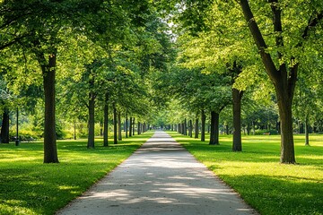 Obraz premium Sunlit park path lined by green trees, serene nature walk