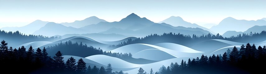 Obraz premium A serene landscape featuring rolling hills and majestic mountains shrouded in mist, with a rich palette of cool blues and soft grays, evoking a sense of tranquility and wonder.