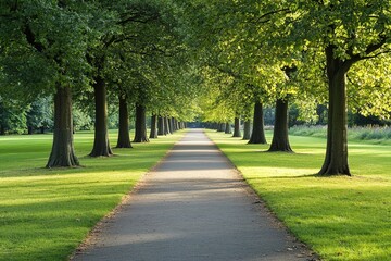 Fototapeta premium Sunny path lined with green trees in park