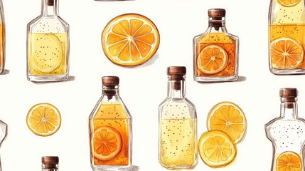 Seamless pattern of hand drawn glass decanter filled with homemade Limoncello vibrant alcoholic beverage design perfect for kitchen decor crafting or textile prints