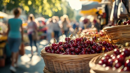 Baskets of Ripe Cherries at Outdoor Market