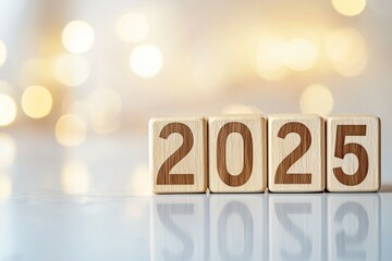 Wooden blocks displaying 2025 amidst glowing bokeh lights