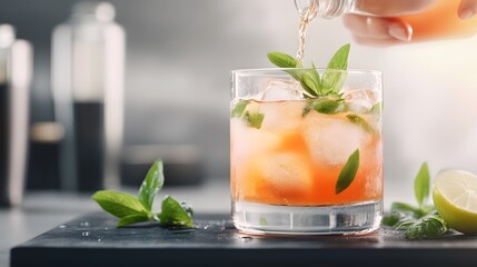 Fototapeta premium Bartender crafting a colorful cocktail with precision, vibrant bar background, 3D rendering