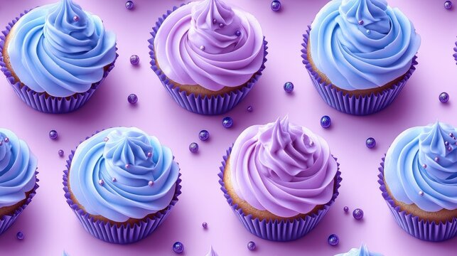 Seamless pattern of delicious delicate cupcakes topped with blue icing in lilac cups colorful design for baking and culinary inspiration