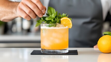 Close-up of a bartender garnishing a cocktail with fresh herbs and citrus, 3D rendering