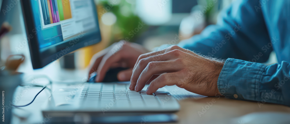 Poster closeup of hands typing on computer keyboard, showcasing focus and productivity in modern workspace.