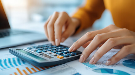 Closeup of hands using calculator with financial documents and laptop. This captures essence of financial analysis and budgeting, showcasing importance of accurate calculations