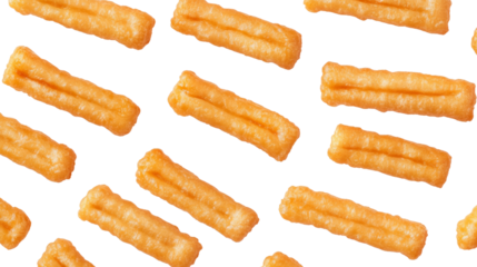 Crunchy snack sticks on a dark background. Seamless pattern of crispy orange cheese puff snacks arranged on a black background, highlighting their texture and vibrant color.