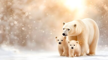 Polar bear with two cubs walking across snowy terrain, gentle bond in cold wilderness, 3D rendering