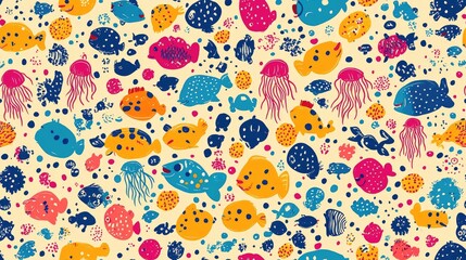 Seamless pattern featuring playful children s drawings of colorful fish jellyfish and marine life ideal for textiles and children s decor