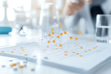 A modern workspace featuring documents and digital visuals, showcasing data analysis in a scientific setting. Glasses and pills add a touch of health and research relevance.