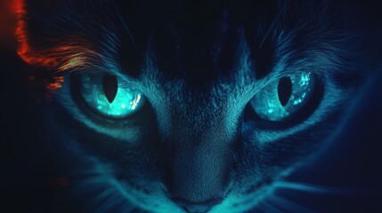 Close-up of cat's glowing eyes in dark.