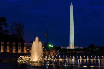 WWII Memorial Monument and Washington Monument at night - Washinton D.C. United States