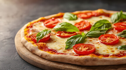 Delicious pizza topped with fresh tomatoes and basil leaves, showcasing perfect blend of flavors and textures. Ideal for food lovers and culinary enthusiasts
