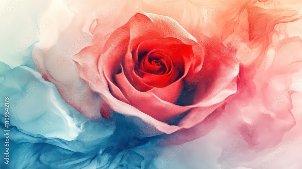 Poster close-up of a vibrant red rose with pastel color smoke effect, creating an artistic and dreamy image