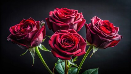 Obraz premium Close-up of four dark red roses with gray foliage on a black background , roses, flowers, dark red, close-up