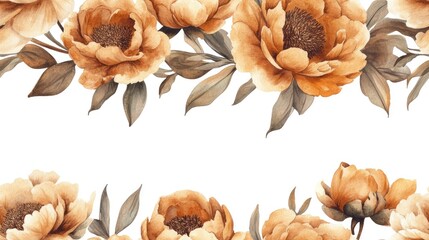 Seamless watercolor pattern of hand drawn brown peony flowers in horizontal arrangement perfect for fabric and textile designs invitations and decorative prints
