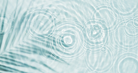 palm leaf shadow and drop circles with sunlight reflections on transparent water surface from above, water texture background concept with copy space for wellness, body and beauty care or travel