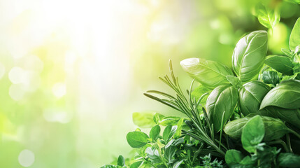 Fresh green herbs basking in sunlight create vibrant and lively atmosphere. lush basil and rosemary leaves add touch of nature beauty to any setting