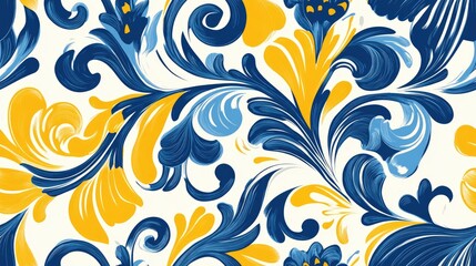 Fototapeta premium Seamless pattern of blue and yellow Azulejos tiles featuring floral designs ideal for wallpaper applications traditional Spanish and Portuguese influences