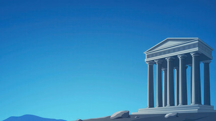 Obraz premium Ancient Temple under a Vast Sky: A majestic ancient temple stands tall against a serene blue sky, its weathered stone columns and pediment reaching for the heavens.