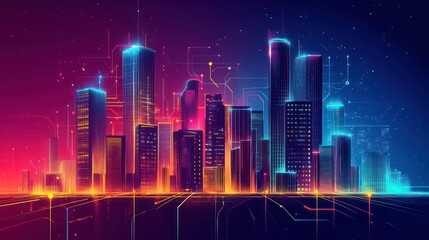 Futuristic cityscape at night with glowing skyscrapers and digital network connections.