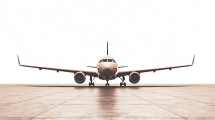 Front view of a commercial airplane on a runway, ready for takeoff against a clear sky background.