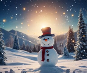 Obraz premium Merry christmas and happy new year greeting card. Happy snowman standing in christmas landscape.Snow background.Winter fairytale. Space for text , copy space