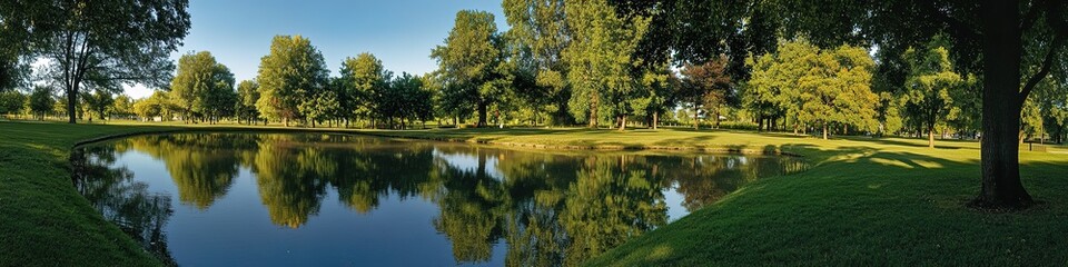 Fototapeta premium Panoramic view of serene park with pond and lush trees.