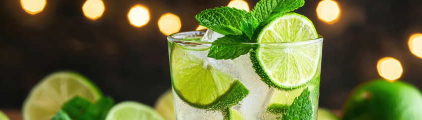 Refreshing cocktail with lime and mint, garnished with fresh mint leaves. This vibrant drink is perfect for summer gatherings and celebrations, offering zesty flavor