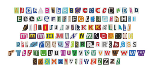 big set of cut-out english png alphabet from magazines on a transparent background, retro y2k ransom style