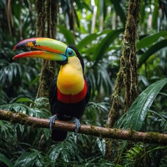 Fototapeta premium A parrot flying through a tropical forest with waterfalls in the background. 