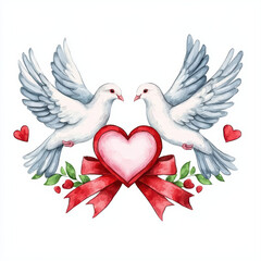 Obraz premium Two doves with heart and ribbon symbolize love and unity, surrounded by red hearts and green leaves, creating romantic and joyful atmosphere