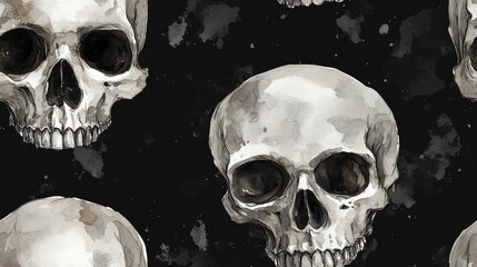 Seamless skull pattern on a black background ideal for t shirt design watercolor illustration