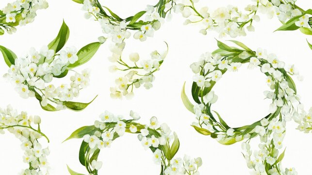 Seamless watercolor pattern featuring delicate spring flower wreaths with white lilies of the valley ideal for wedding invitations and seasonal celebrations
