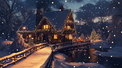 Festive Christmas house adorned with colorful garlands, snowy bridge, and a magical holiday atmosphere.