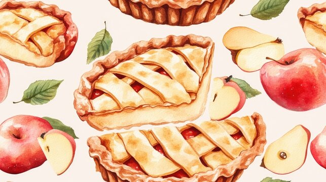 Seamless pattern featuring hand drawn watercolor illustration of a traditional apple pie with a slice removed ideal for kitchen decor and textile design