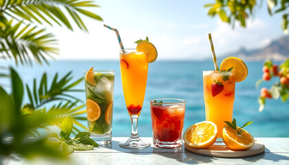 Fresh drinks with view to the sea with a white accent, png