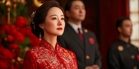 Obraz premium 2025 Chinese New Year festival family concept. A poised woman in traditional red attire stands in front of vibrant flowers, accompanied by men in formal attire, exuding elegance and cultural richness.