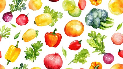 Seamless vegetable watercolor pattern featuring vibrant illustrations on a clean white backdrop ideal for textile design and packaging