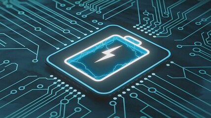 Glowing battery icon on futuristic circuit board. Symbolizes energy, power, and technological innovation. Perfect for tech, energy, and future-themed projects.
