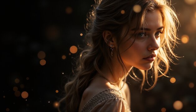 Portrait of a young woman with natural beauty and soft light surrounded by bokeh