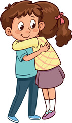 Two happy children hugging each other tightly