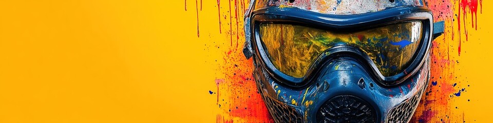 Vibrant paintball mask splattered with colorful ink on yellow